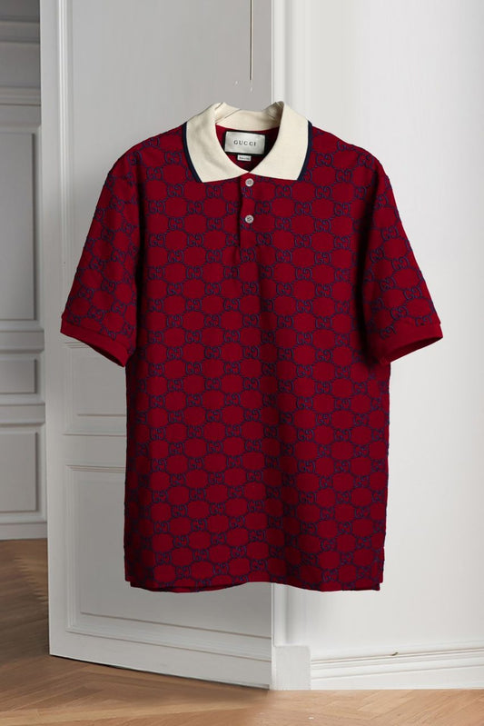 GUCCI || Men's Maroon GG-Monogram Silk And Cotton-Blend Piqué Polo T-Shirt - FASHION MYST 