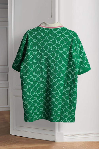 GUCCI || GG Logo All-Over Print Cotton Silk Polo T-Shirt / Green - FASHION MYST 