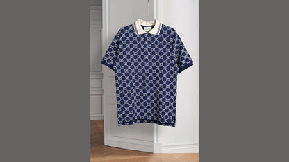 GUCCI || Men's Blue GG-Monogram Silk And Cotton-Blend Piqué Polo T-Shirt - FASHION MYST 