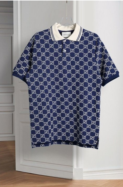 GUCCI || Men's Blue GG-Monogram Silk And Cotton-Blend Piqué Polo T-Shirt - FASHION MYST 