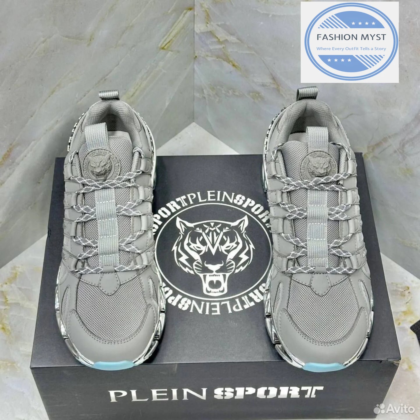 PHILIPP PLEIN || Sport Men's "Tiger Luxe" Grey Mesh Sneakers with Chrome Sculpted Sole - FASHION MYST