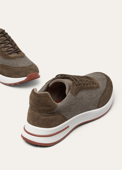 LORO PIANA || Men's Weekend Walk Sneakers in Wind Stretch Mesh and Suede – Olive/Brown