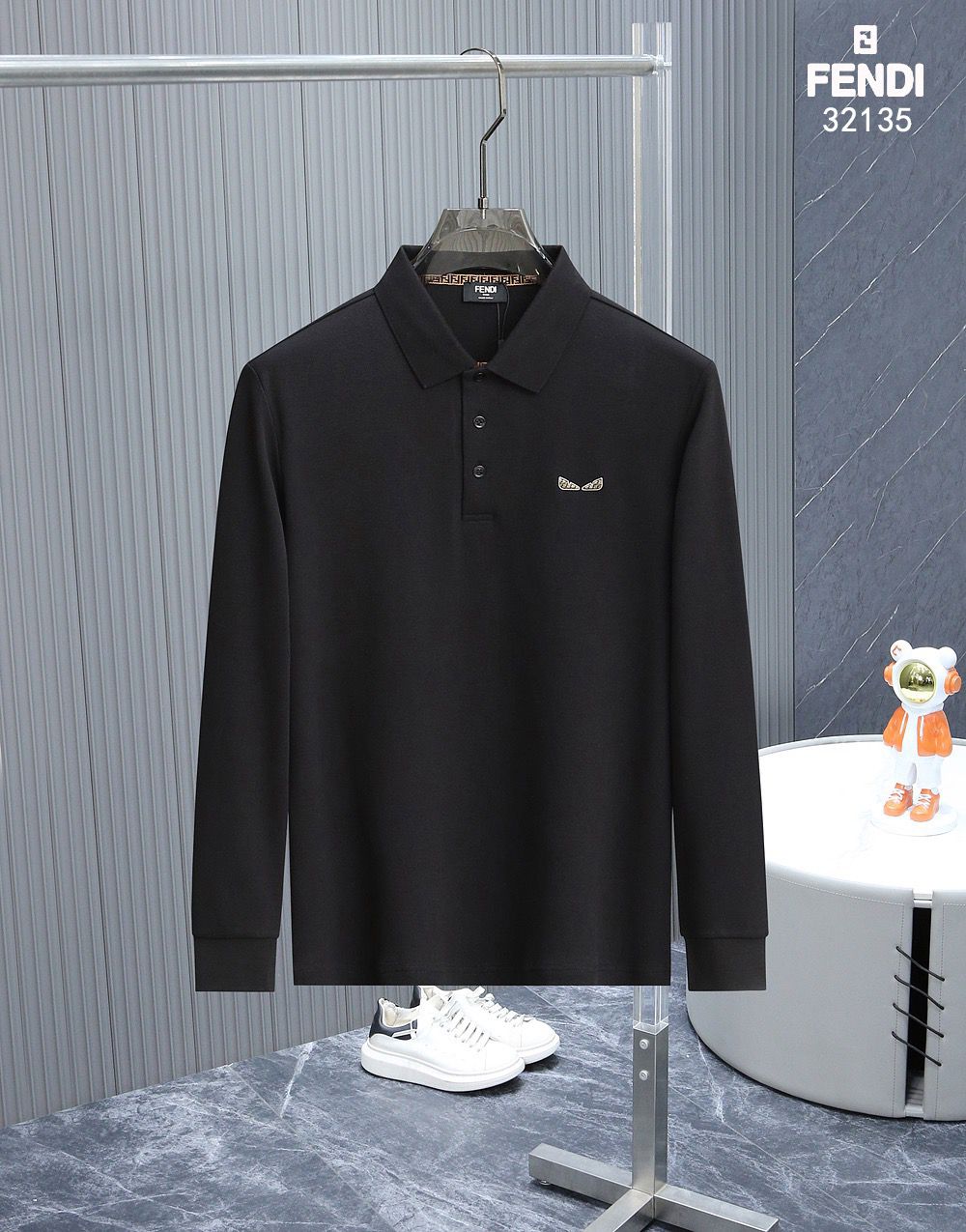 FENDI || Pique Long-Sleeve Angry Bird Eyes Logo Polo T-Shirt - FASHION MYST 