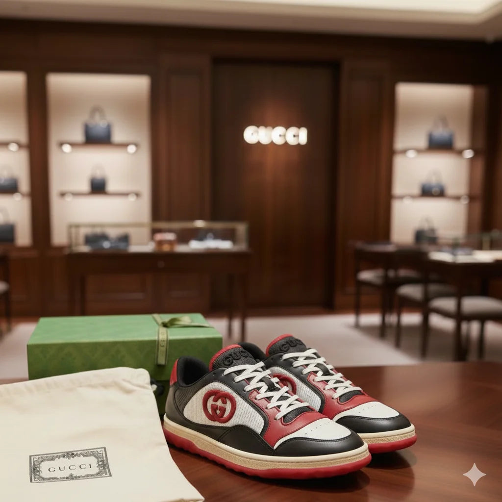 GUCCI || Men's GG Mac80 Black Technical Sneakers - Perforated Monogram Midsole - FASHION MYST