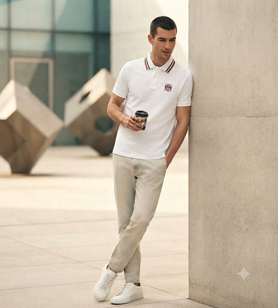 Man wearing white premium Loewe shirt with striped collar, styled with beige jeans
