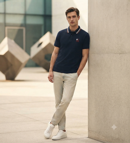 Man wearing navy premium Loewe shirt with striped collar, styled with beige jeans
