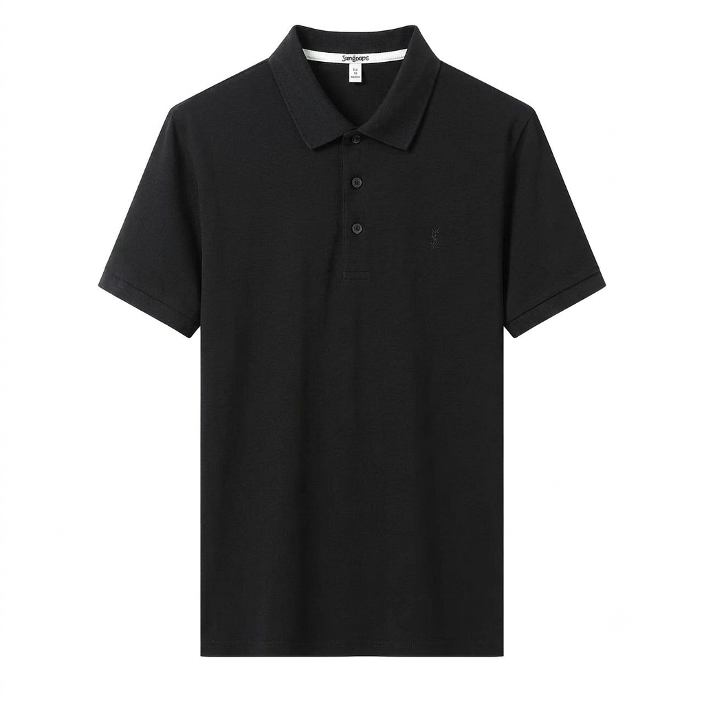 Men's black luxury-inspired t-shirt, front view
