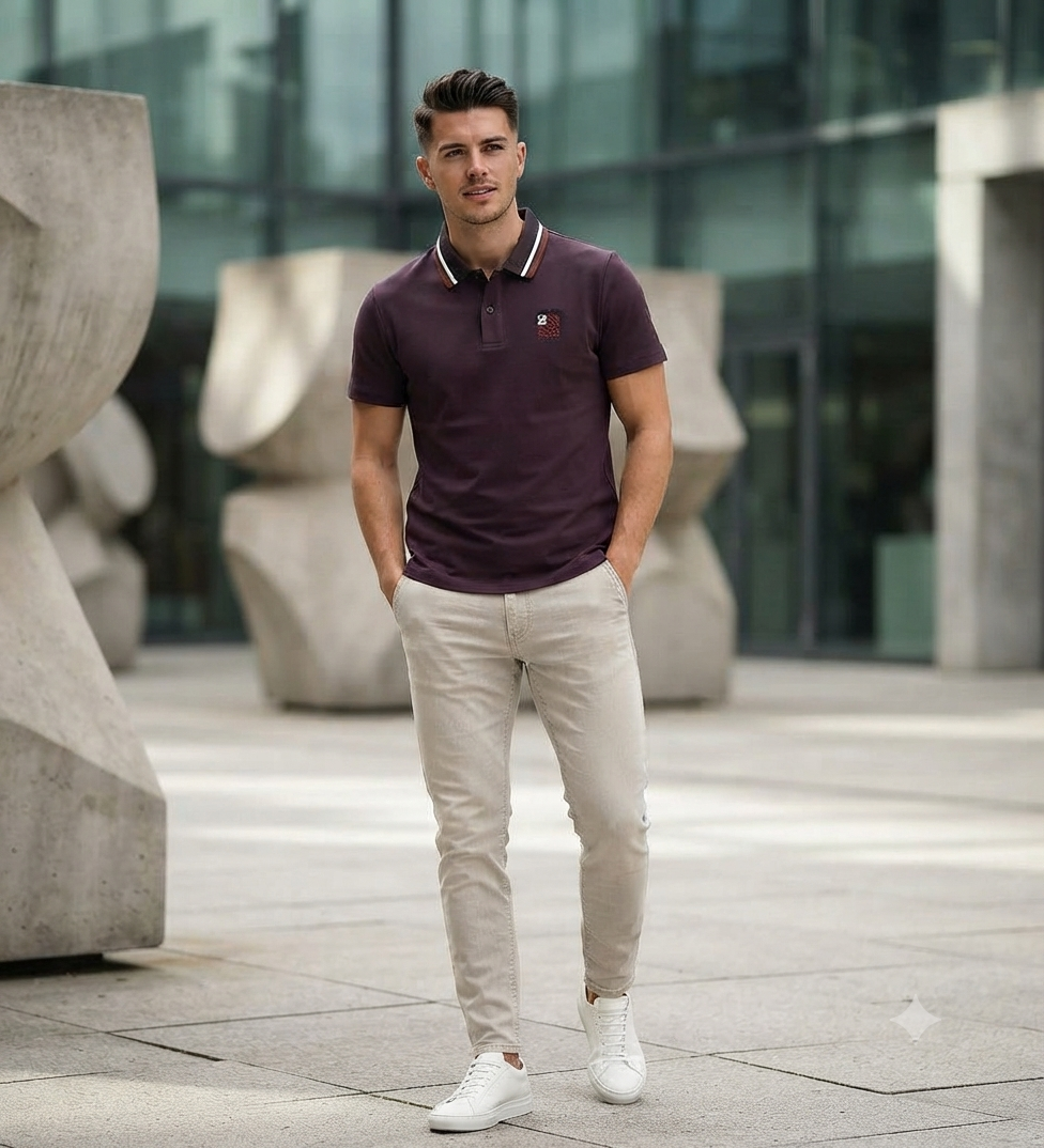 Man wearing white premium burgundy shirt with striped collar, styled with beige jeans.
