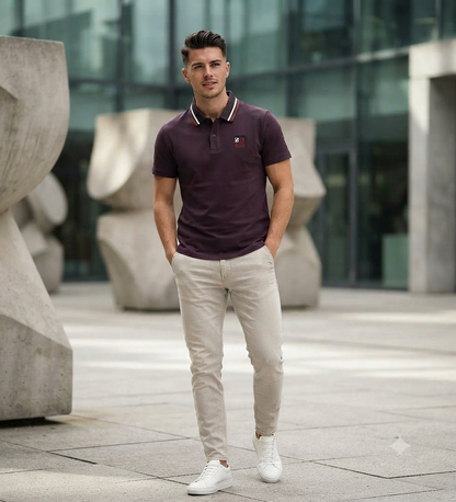 Man wearing white premium burgundy shirt with striped collar, styled with beige jeans.
