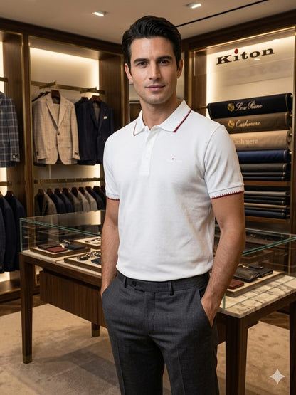 Male model wearing KITON premium white polo T-shirt with contrast collar and sleeve detailing
