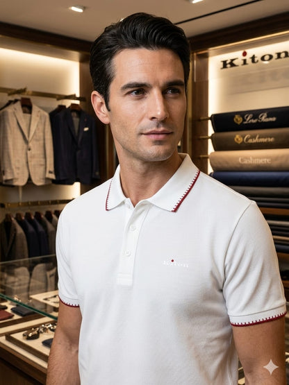 KITON men's white regular fit Korean cotton polo T-shirt with embroidered logo worn by male model
