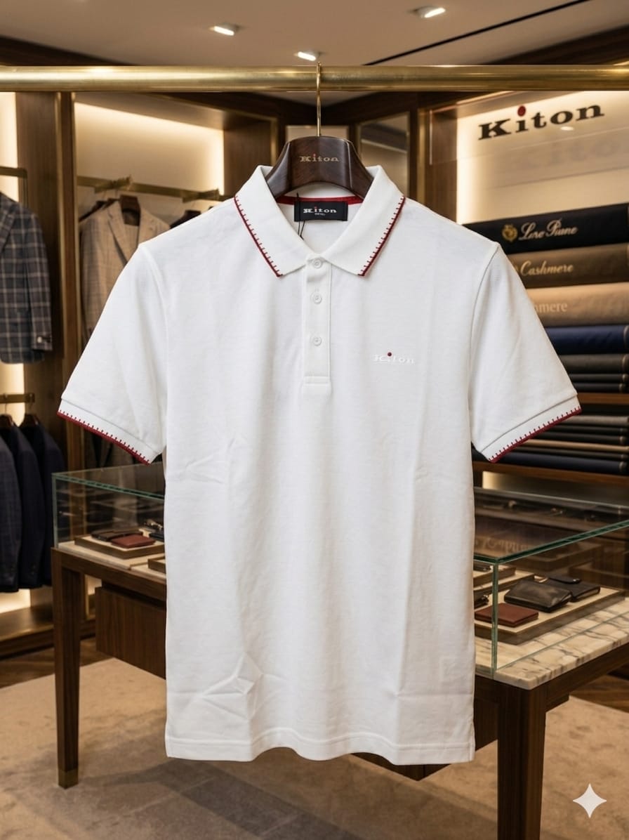 Front view of KITON men's white regular fit polo T-shirt made from premium Korean cotton fabric
