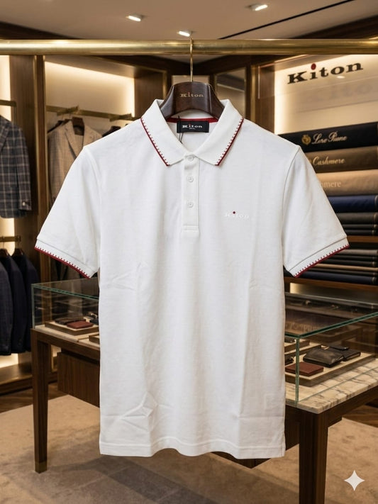 Front view of KITON men's white regular fit polo T-shirt made from premium Korean cotton fabric
