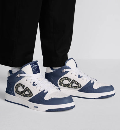 CHRISTIAN DIOR || Mid-Top Sneaker Navy Blue and White Smooth Calfskin Dior Oblique Jacquard