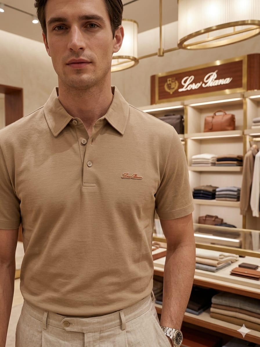 Front  view of LORO PIANA beige premium regular fit polo T-shirt