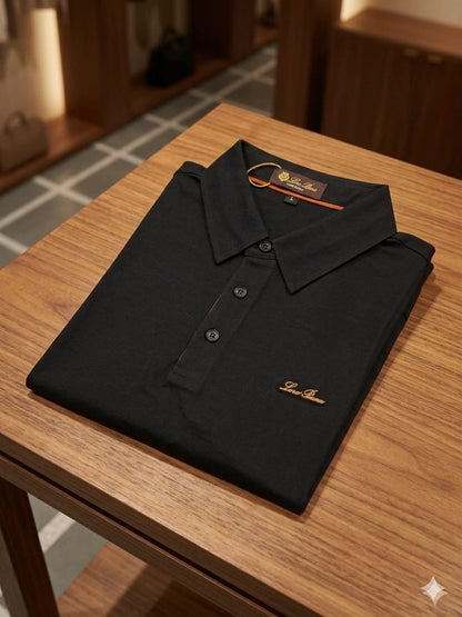 Folded LORO PIANA black premium regular fit polo T-shirt
