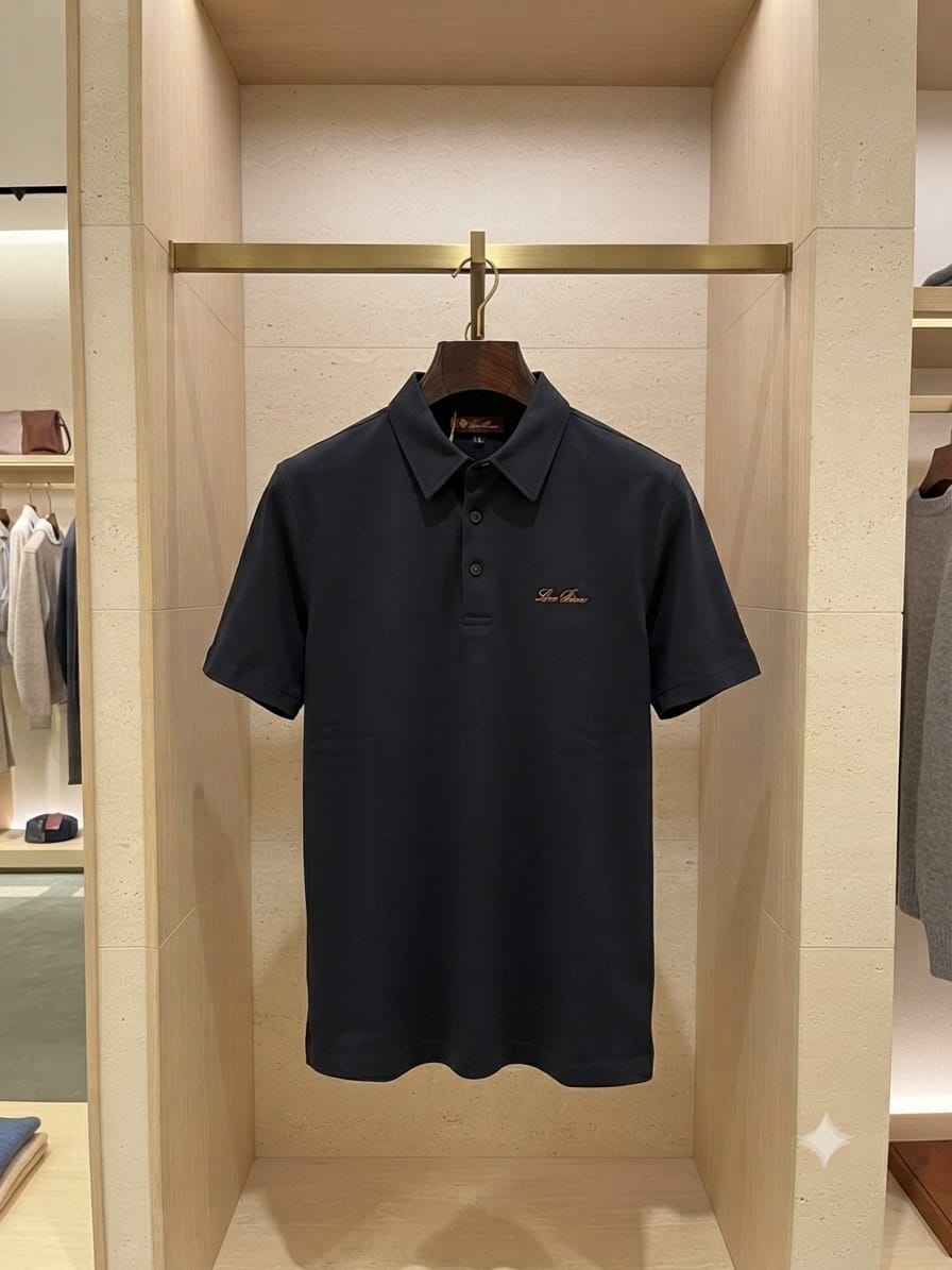 Front view of LORO PIANA navy premium polo T-shirt with embroidered logo
