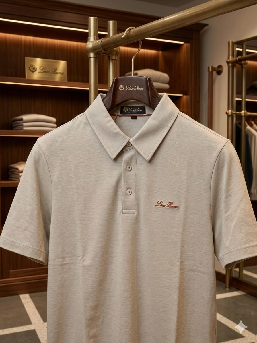 Front view of LORO PIANA cream Italian linen blend polo T-shirt
