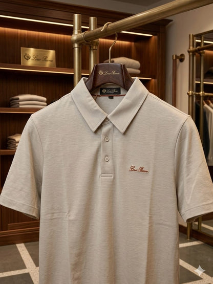 Front view of LORO PIANA cream Italian linen blend polo T-shirt
