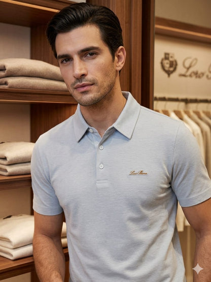 Male model wearing LORO PIANA premium grey regular fit Italian linen blend polo T-shirt
