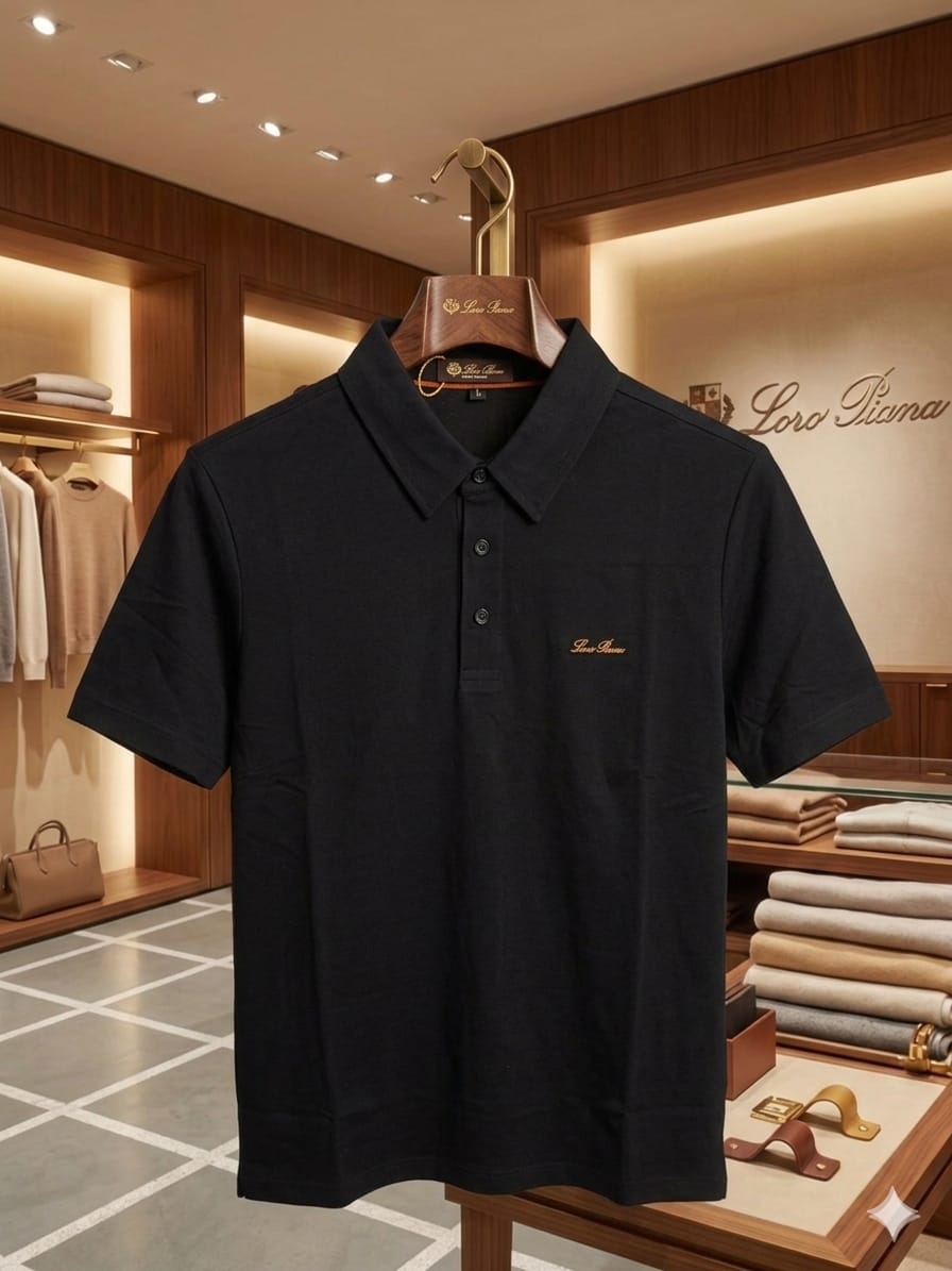 Front view of LORO PIANA black Italian linen blend polo T-shirt
