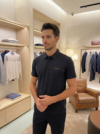 Adult LORO PIANA navy premium polo T-shirt with embroidered logo
