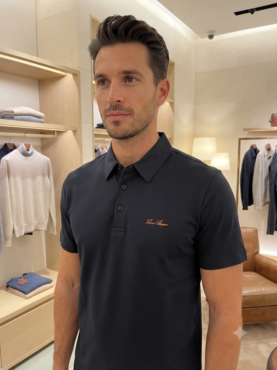 Male model wearing LORO PIANA premium navy regular fit Italian linen blend polo T-shirt
