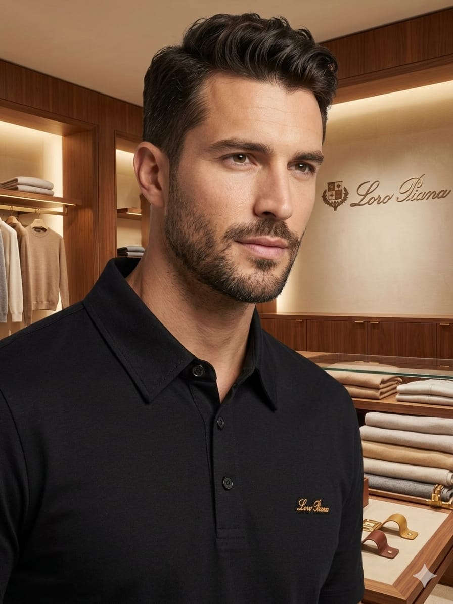 Male model wearing LORO PIANA premium black regular fit polo T-shirt
