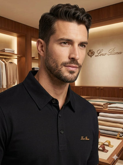 Male model wearing LORO PIANA premium black regular fit polo T-shirt
