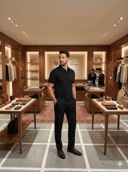 Side view of LORO PIANA black designer polo T-shirt
