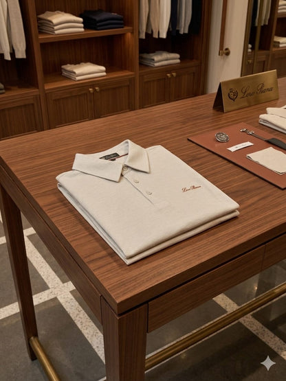 Folded LORO PIANA cream premium regular fit polo T-shirt with embroidered logo
