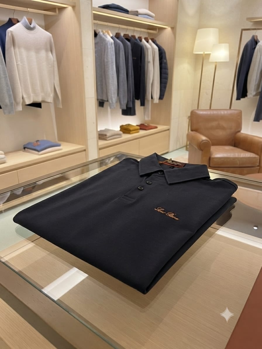 Folded LORO PIANA navy regular fit Italian linen blend polo T-shirt
