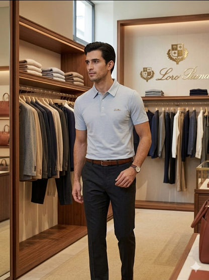 AI model  LORO PIANA grey regular fit Italian linen blend polo T-shirt
