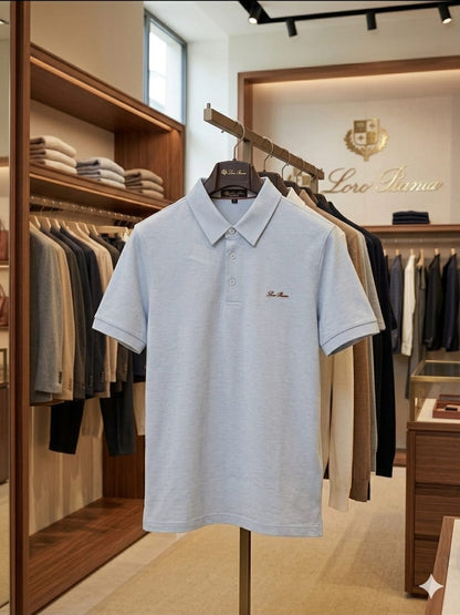 Front view of LORO PIANA grey premium polo T-shirt with embroidered logo
