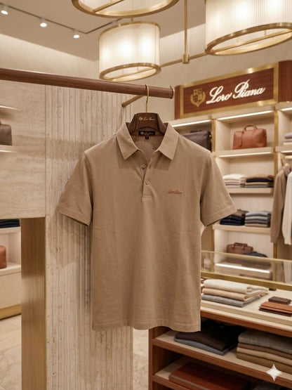 Front view of LORO PIANA beige premium polo T-shirt with embroidered logo
