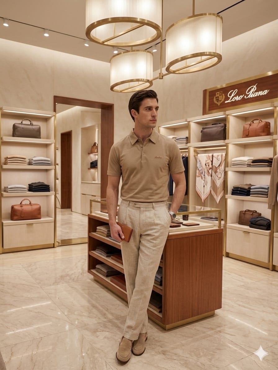 Male model wearing LORO PIANA premium beige regular fit Italian linen blend polo T-shirt