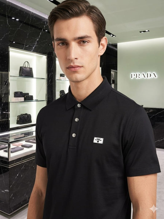 Closeup view of PRADA black regular fit polo T-shirt