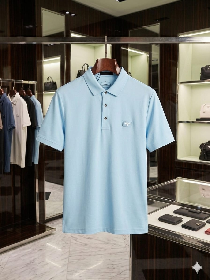 Front view of PRADA sky blue stitchless polo T-shirt with signature logo badge
