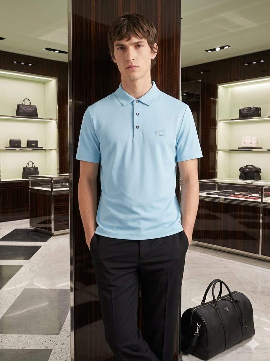 Front view of PRADA sky blue stitchless polo T-shirt with signature logo badge