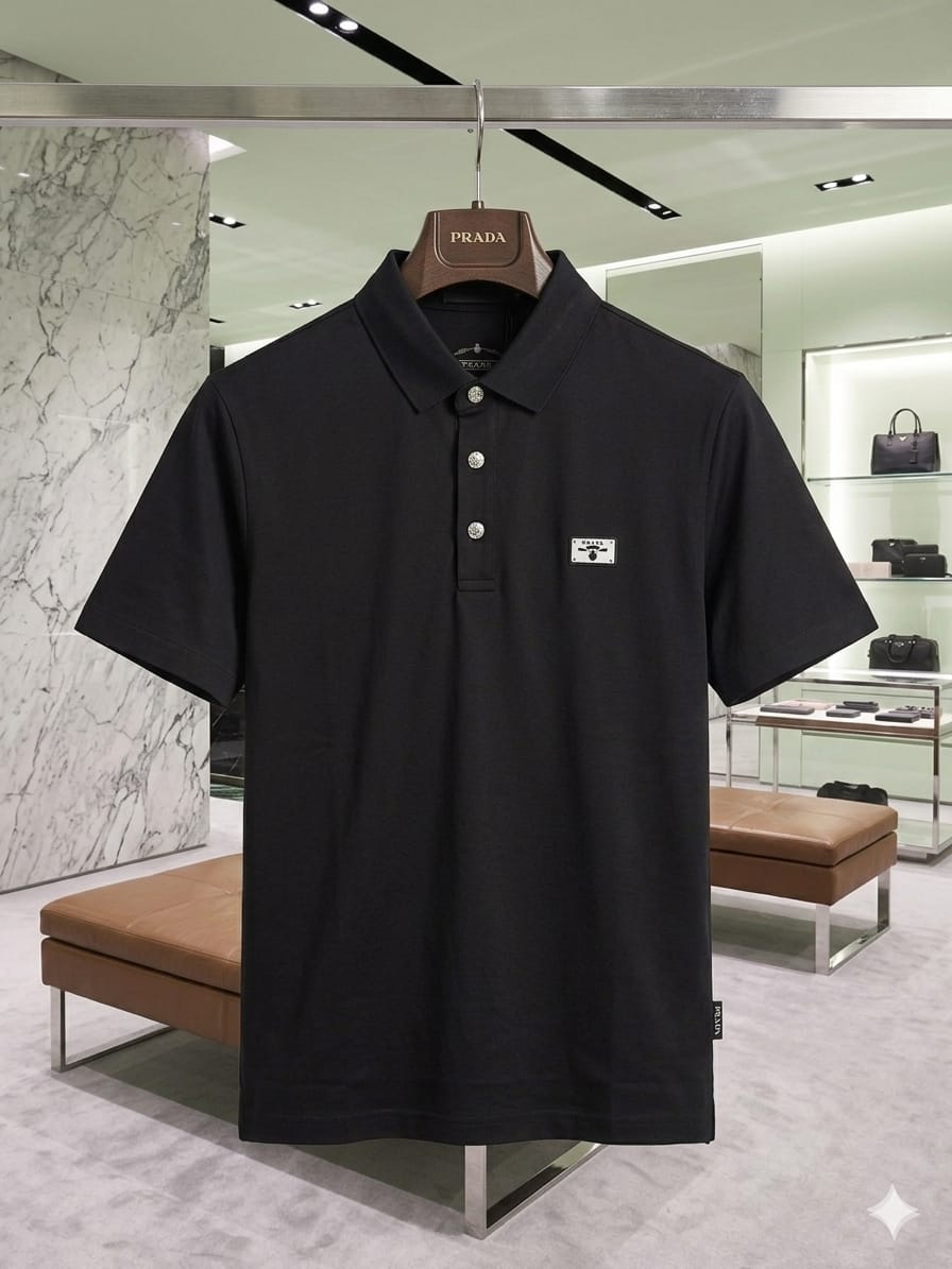 Front view of PRADA black stitchless polo T-shirt with signature logo badge