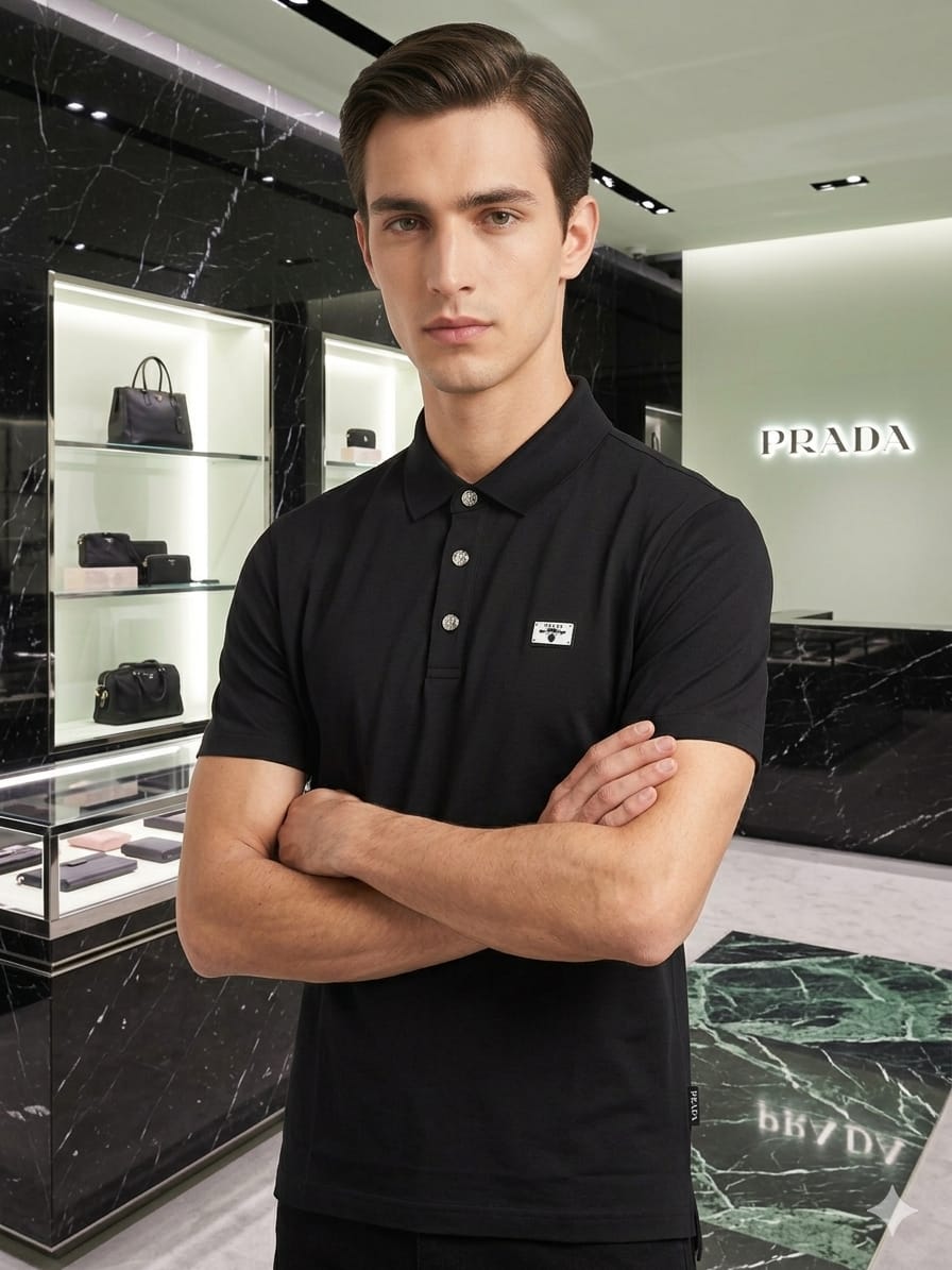 Male model wearing PRADA premium black Japanese stitchless regular fit polo T-shirt