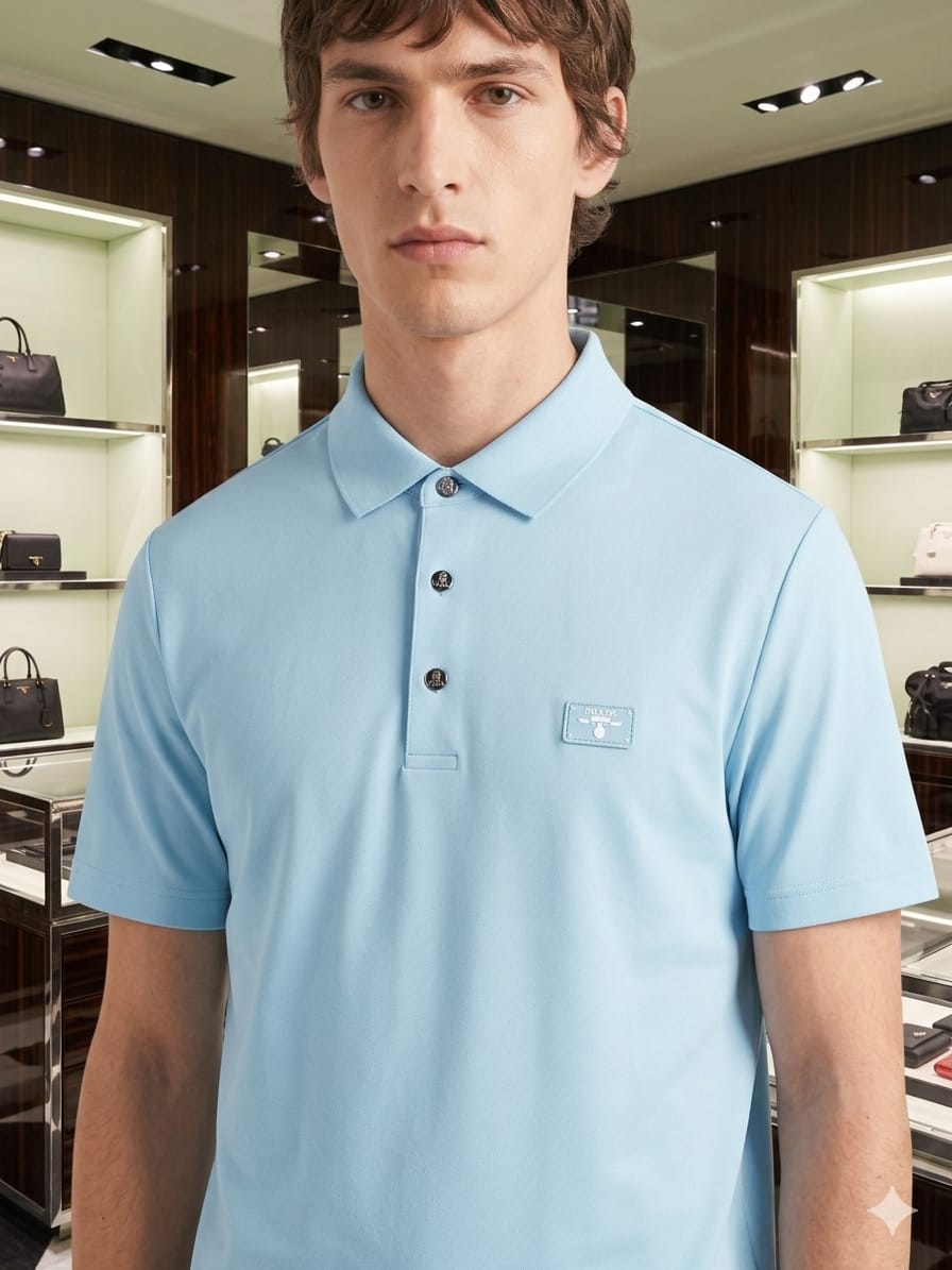 Male model wearing PRADA premium sky blue Japanese stitchless regular fit polo T-shirt
