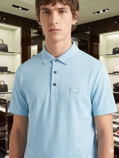 Male model wearing PRADA premium sky blue Japanese stitchless regular fit polo T-shirt
