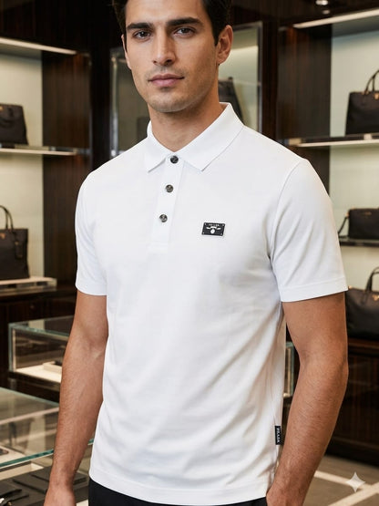 Male model wearing PRADA premium white Japanese stitchless regular fit polo T-shirt