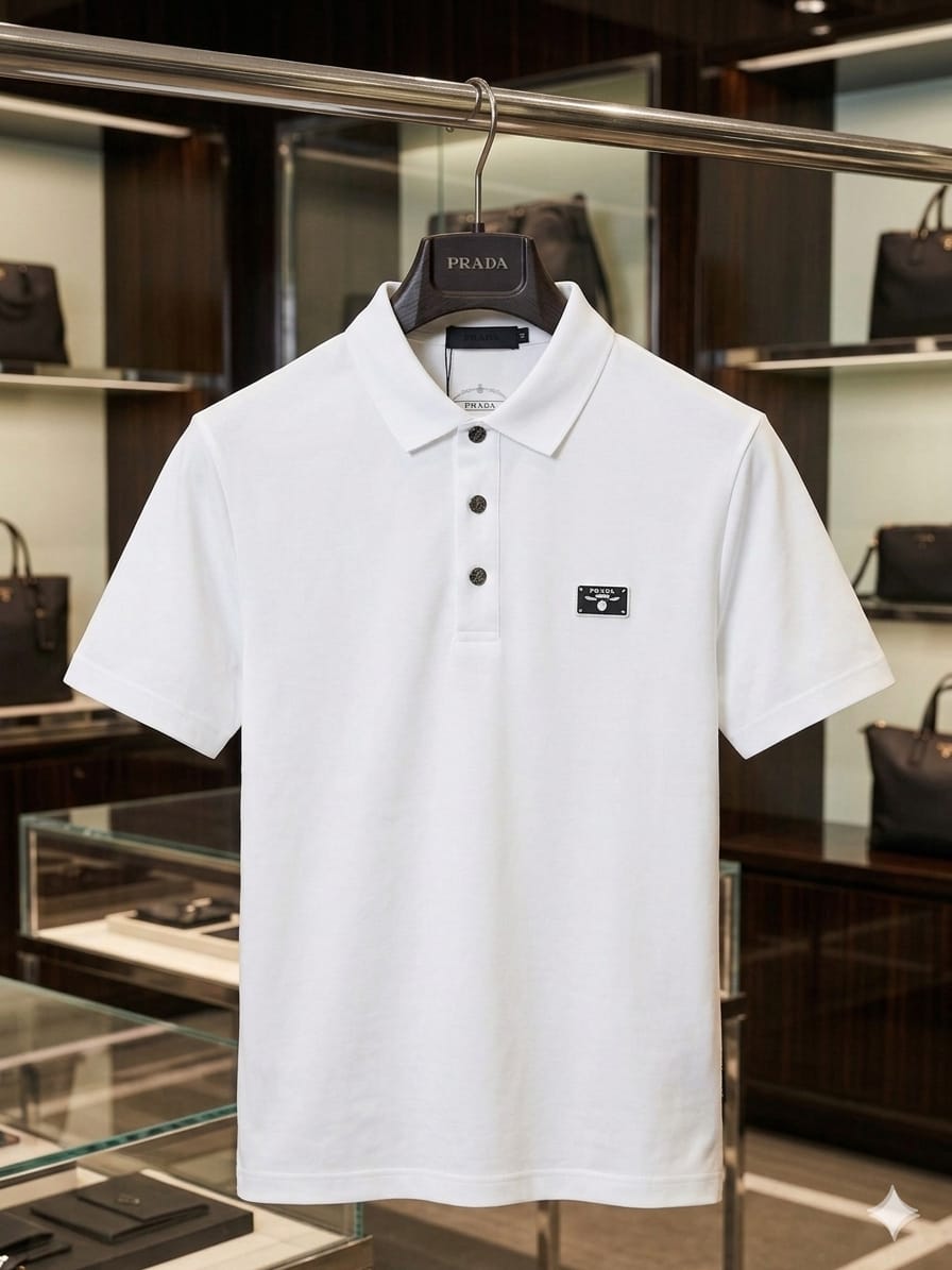 Front view of PRADA white stitchless polo T-shirt with signature logo badge
