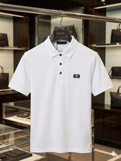 Front view of PRADA white stitchless polo T-shirt with signature logo badge
