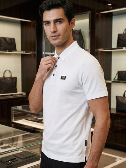Side view of PRADA white regular fit polo T-shirt.
