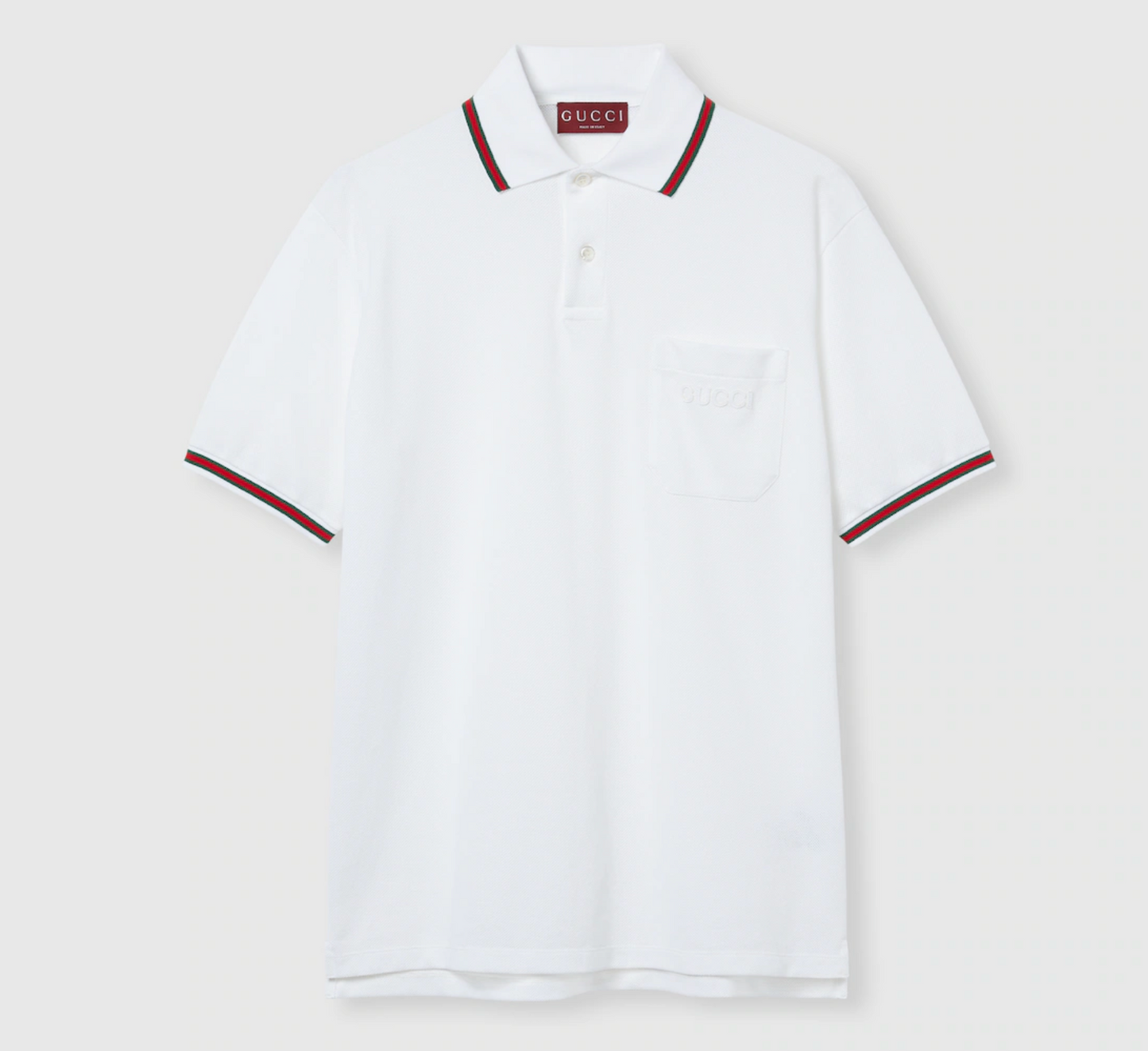 GUCCI || Men's Stretch Cotton Polo Shirt with Web Collar & Pocket Detail – White