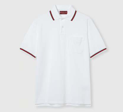 GUCCI || Men's Stretch Cotton Polo Shirt with Web Collar & Pocket Detail – White