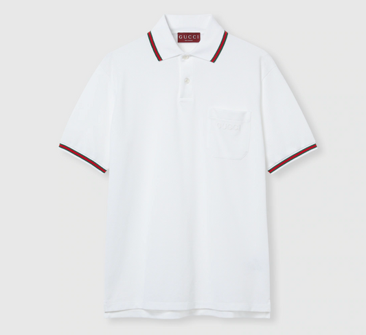GUCCI || Men's Stretch Cotton Polo Shirt with Web Collar & Pocket Detail – White